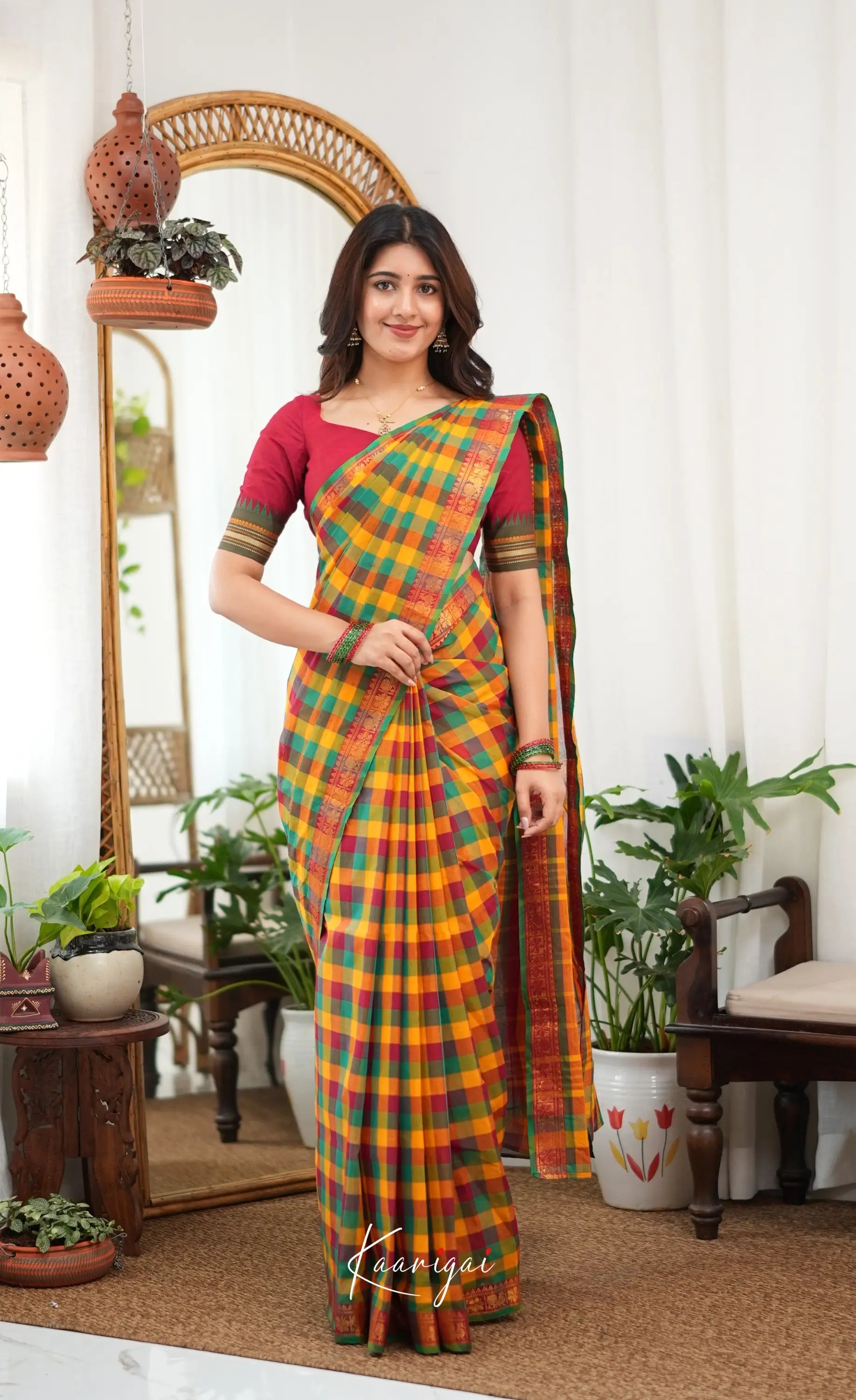 Nalinam - Multicolour checks and Reddish Maroon Kandangi Saree - Sarees