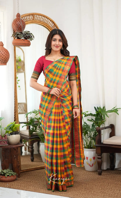 Nalinam - Multicolour checks and Reddish Maroon Kandangi Saree - Sarees