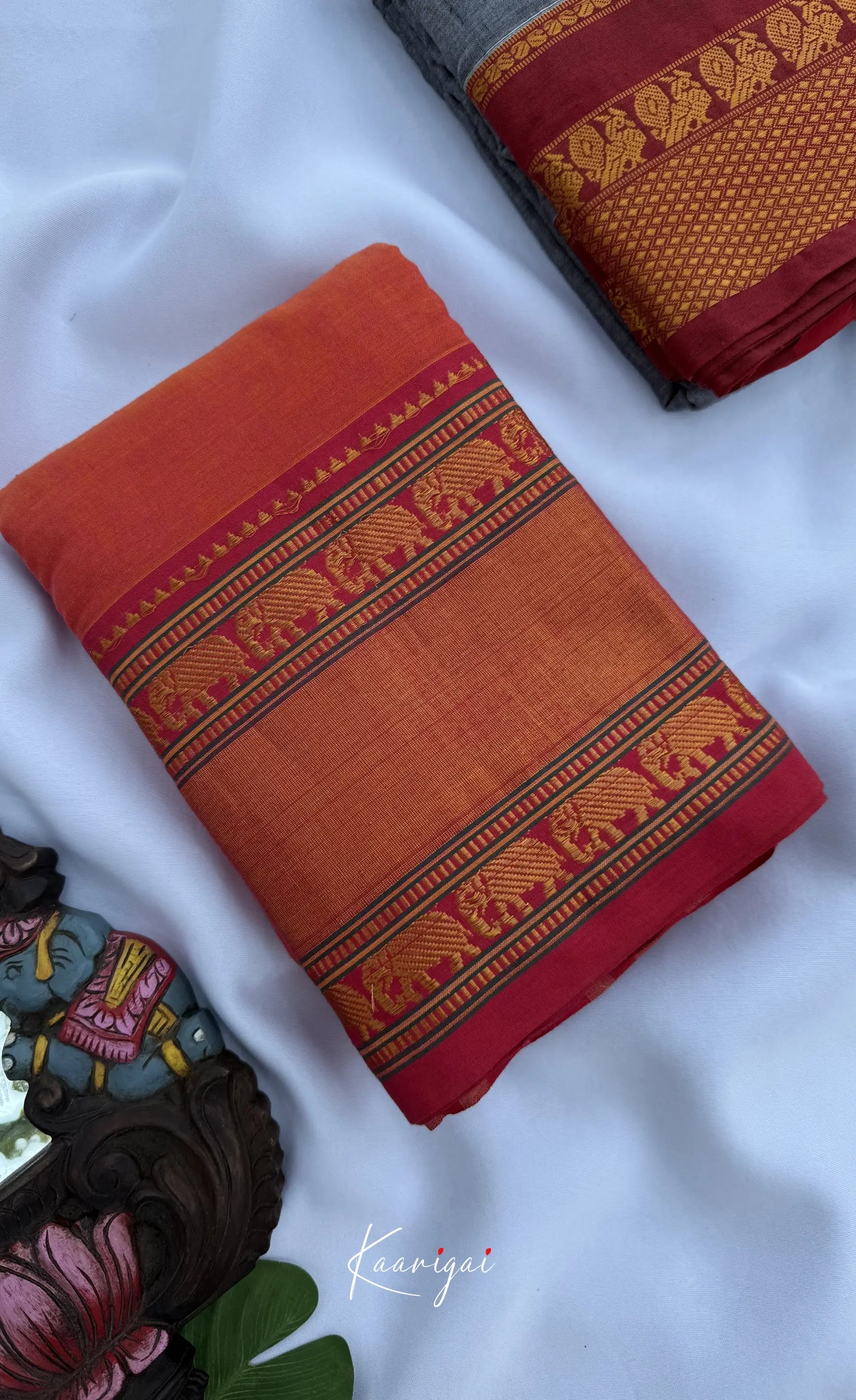 Nalinam - Orange and Deep red Chettinad Cotton Saree - Sarees