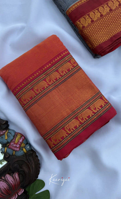 Nalinam - Orange and Deep red Chettinad Cotton Saree - Sarees