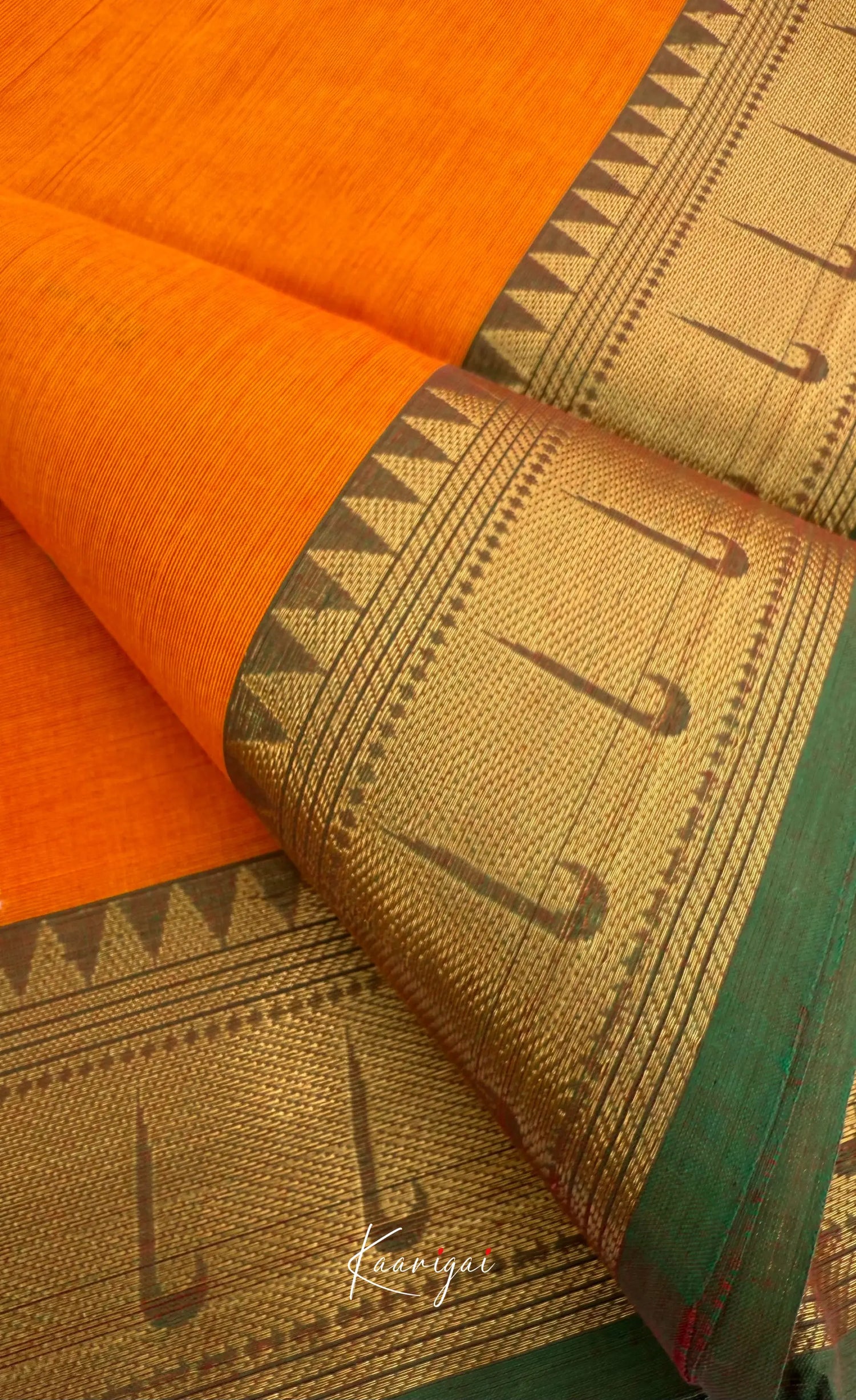 Nalinam - Orange and Green Chettinad Cotton Saree - Sarees