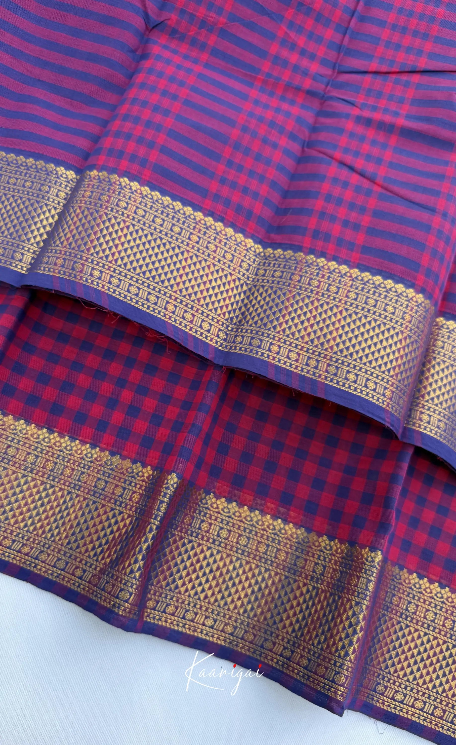 Nalinam - Pink and Blue Checks Saree with Contrast Blouse - Sarees