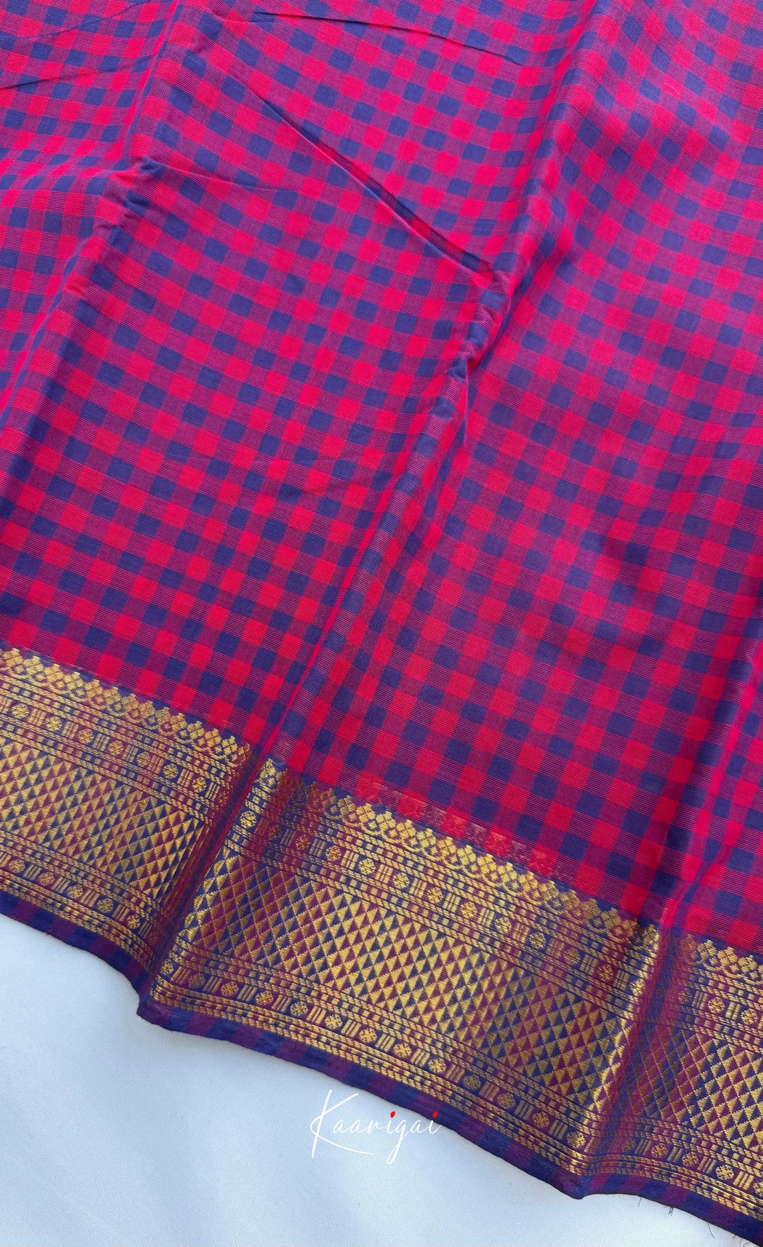 Nalinam - Pink and Blue Checks Saree with Contrast Blouse - Sarees