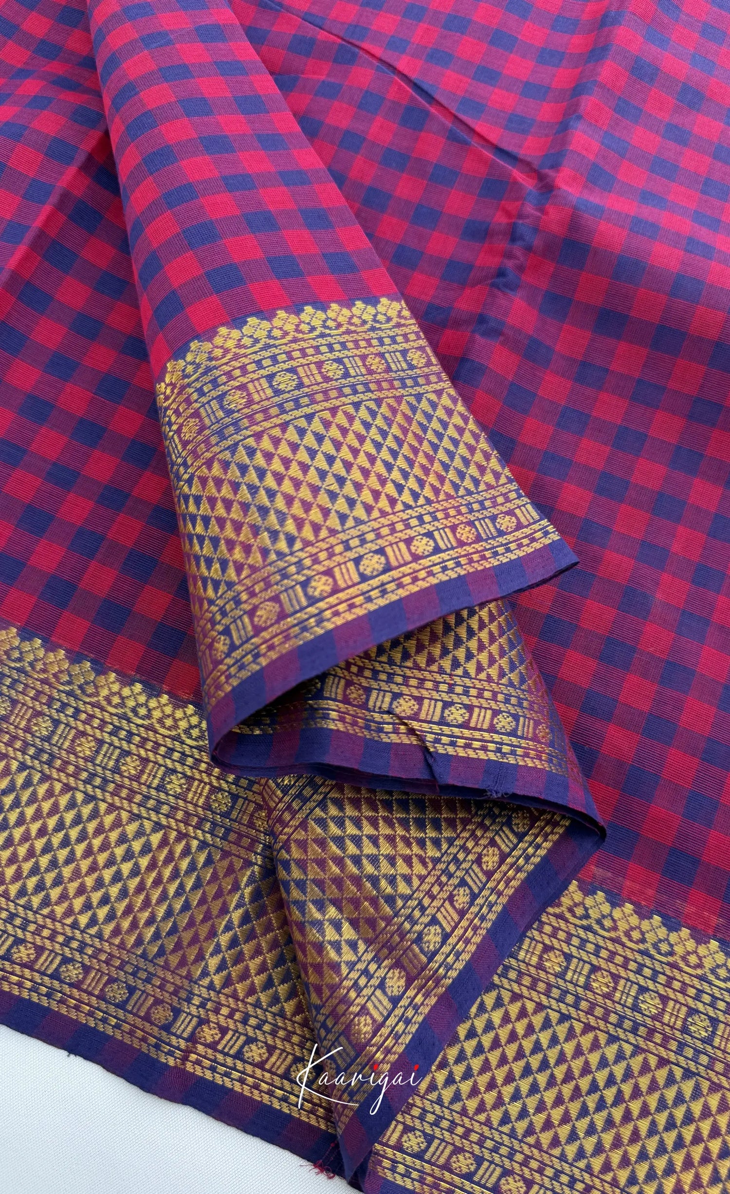 Nalinam - Pink and Blue Checks Saree with Contrast Blouse - Sarees