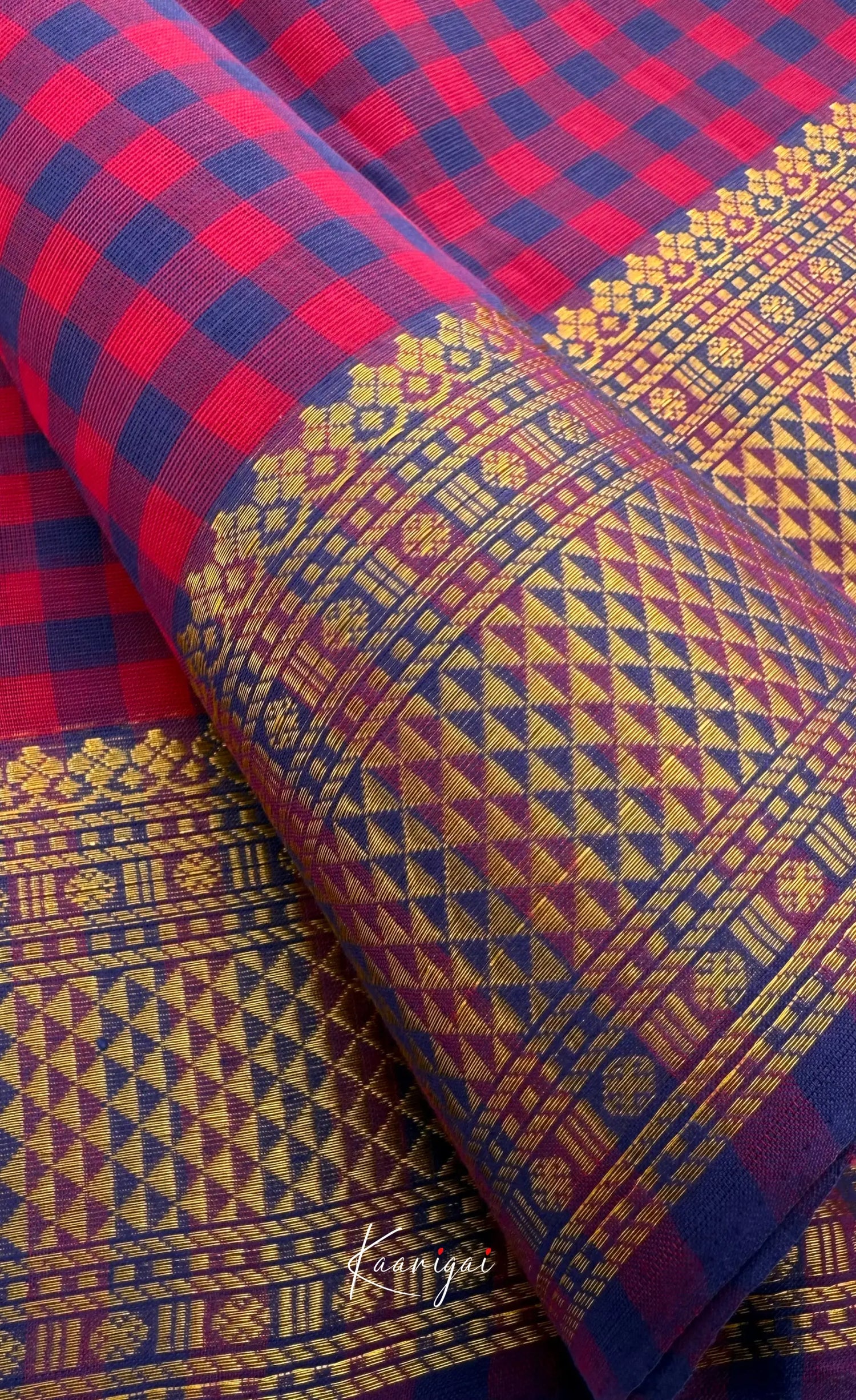 Nalinam - Pink and Blue Checks Saree with Contrast Blouse - Sarees