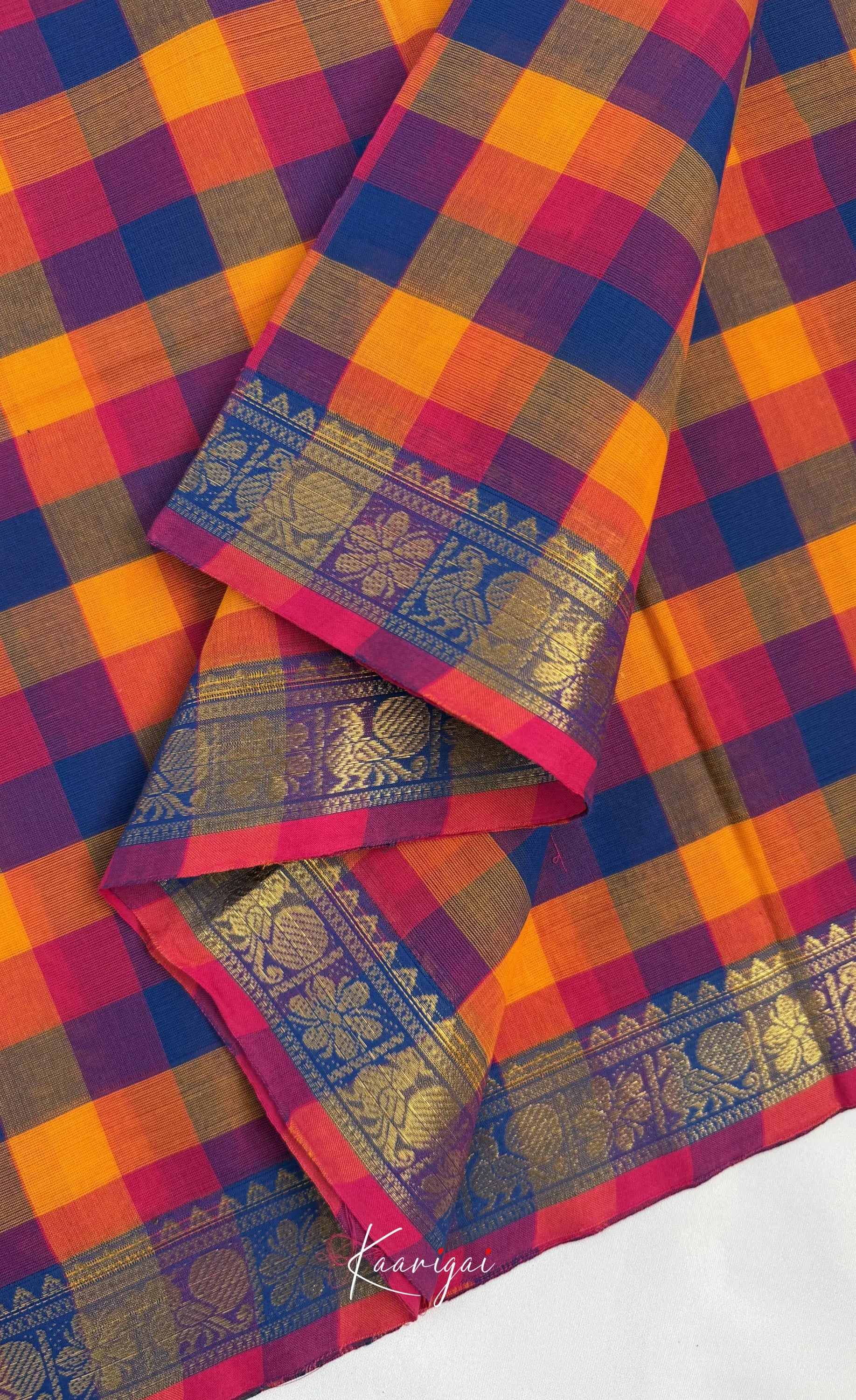 Nalinam - Royal blue and Yellow Kandangi Checks Saree - Sarees