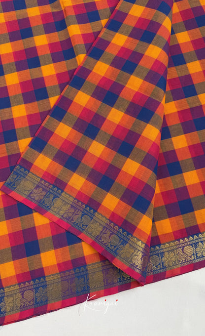 Nalinam - Royal blue and Yellow Kandangi Checks Saree - Sarees