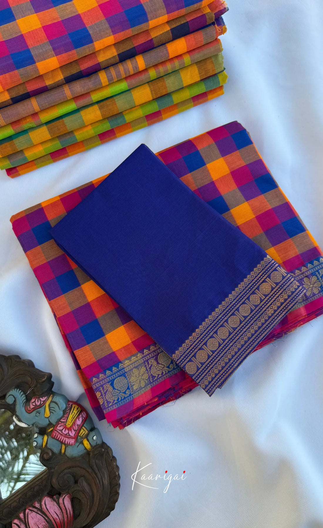 Nalinam - Royal blue and Yellow Kandangi Checks Saree - Sarees