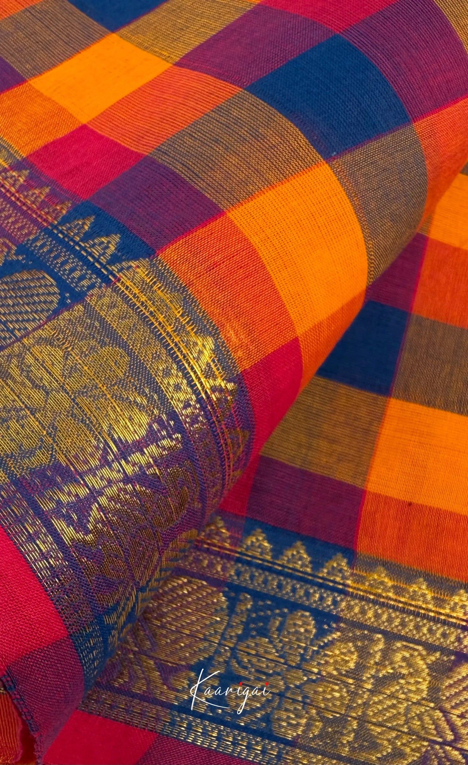 Nalinam - Royal blue and Yellow Kandangi Checks Saree - Sarees