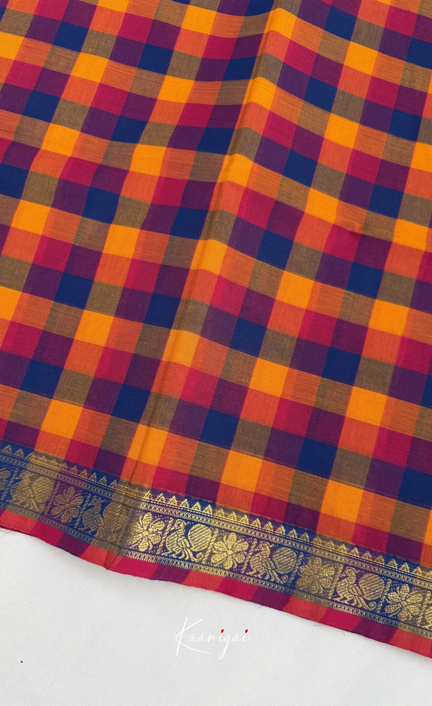 Nalinam - Royal blue and Yellow Kandangi Checks Saree - Sarees