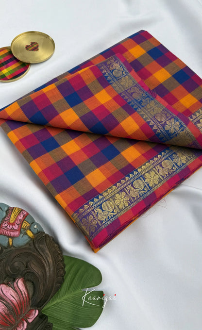 Nalinam - Royal blue and Yellow Kandangi Checks Saree - Sarees