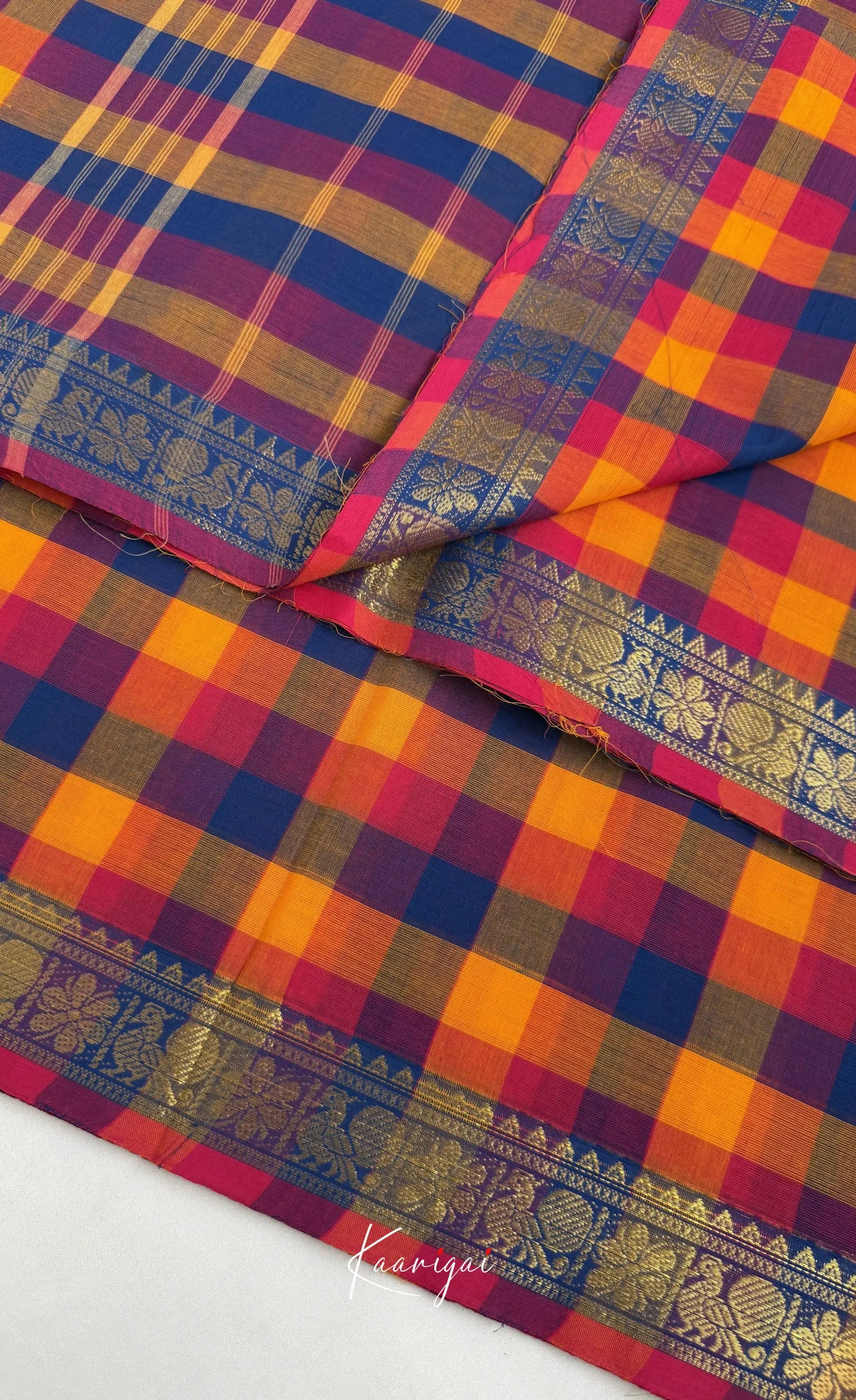 Nalinam - Royal blue and Yellow Kandangi Checks Saree - Sarees