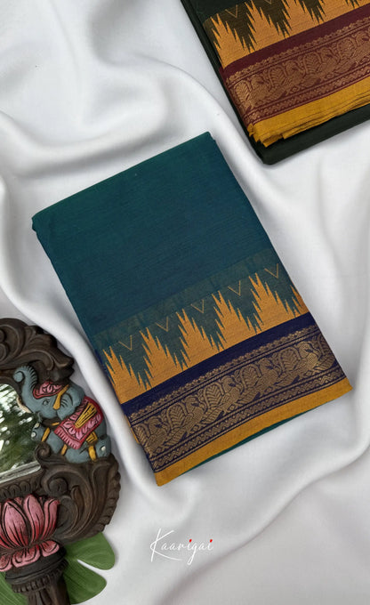 Nalinam - Teal blue with Mustard yellow Chettinad Cotton Saree - Sarees