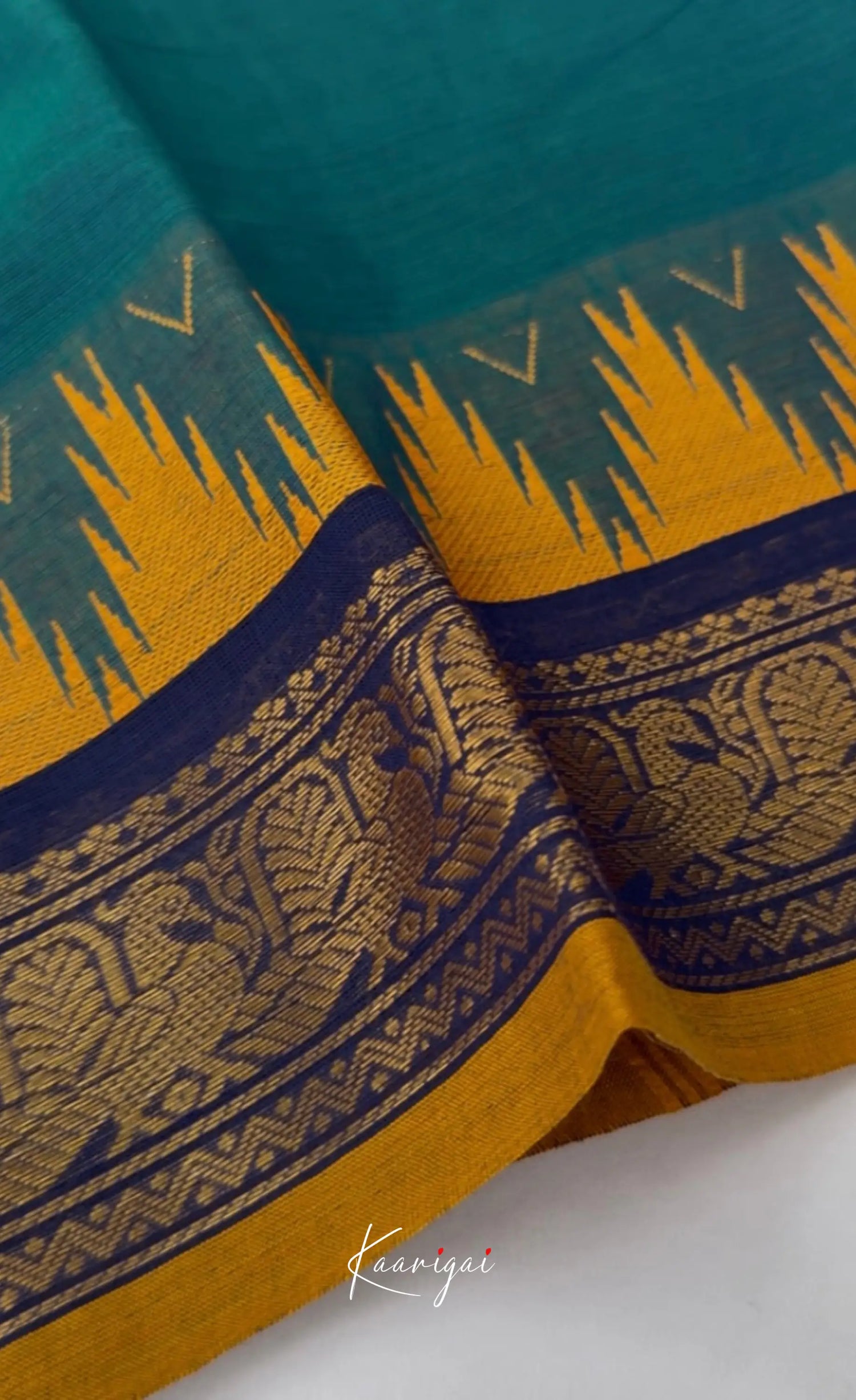 Nalinam - Teal blue with Mustard yellow Chettinad Cotton Saree - Sarees