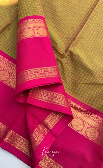Nalinam - Two-tone yellow and Dual border Chettinad Cotton Saree - Sarees