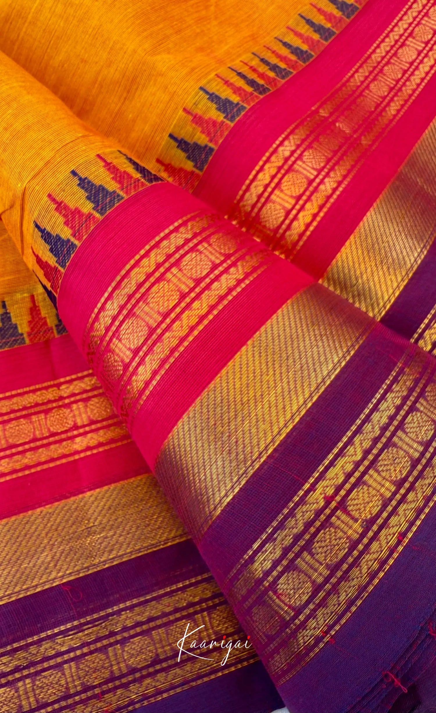 Nalinam - Two-tone yellow and Multicolours Chettinad Cotton Saree - Sarees