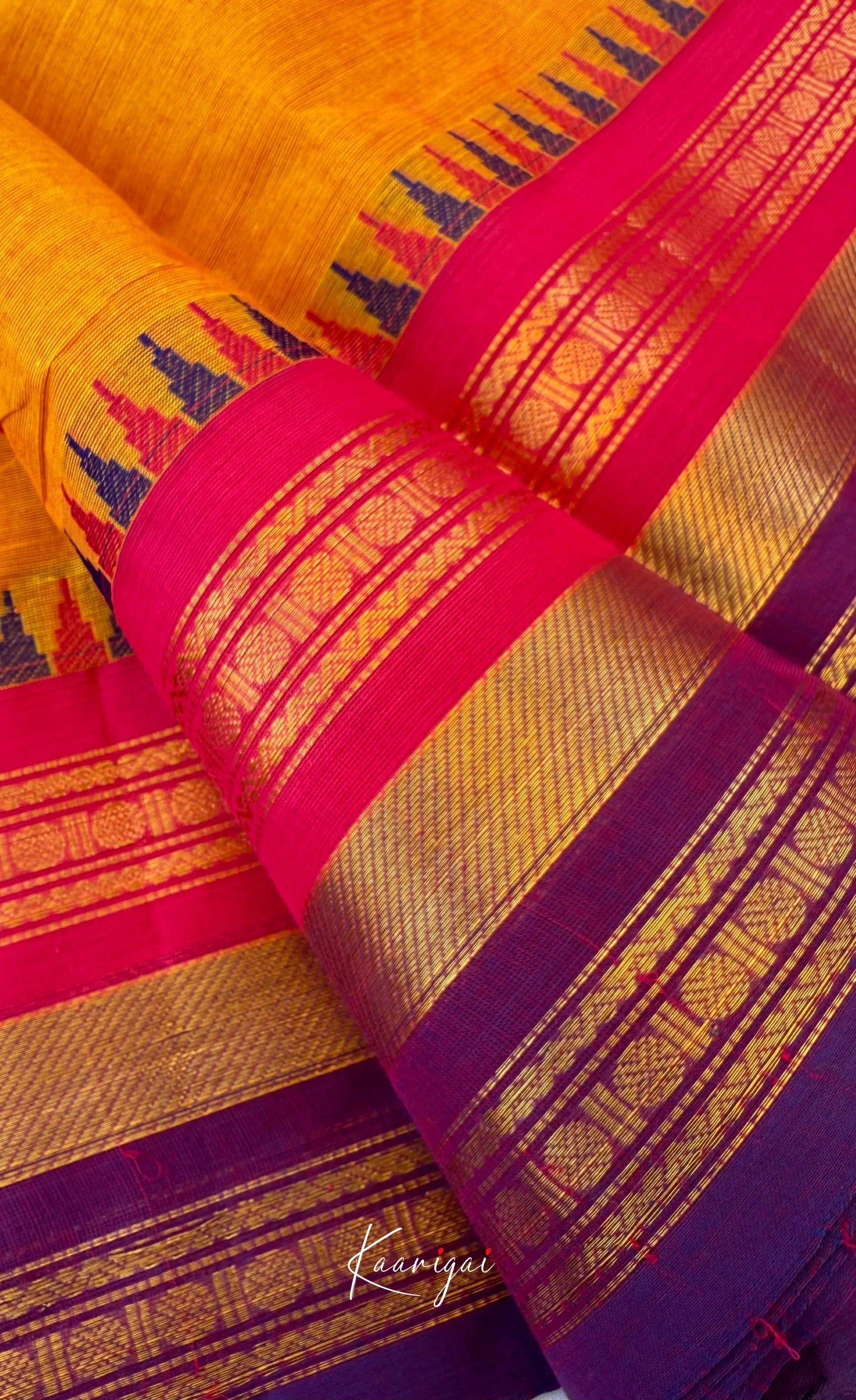 Nalinam - Two-tone yellow and Multicolours Chettinad Cotton Saree - Sarees