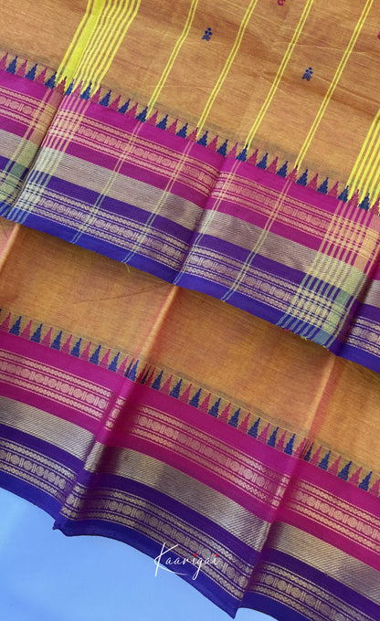 Nalinam - Two-tone yellow and Multicolours Chettinad Cotton Saree - Sarees
