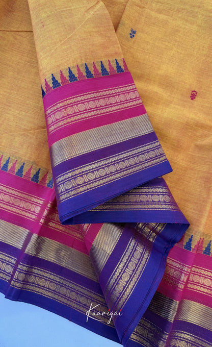 Nalinam - Two-tone yellow and Multicolours Chettinad Cotton Saree - Sarees