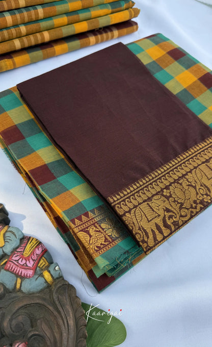 Nalinam - Yellow and Brown Kandangi Checks Saree - Sarees