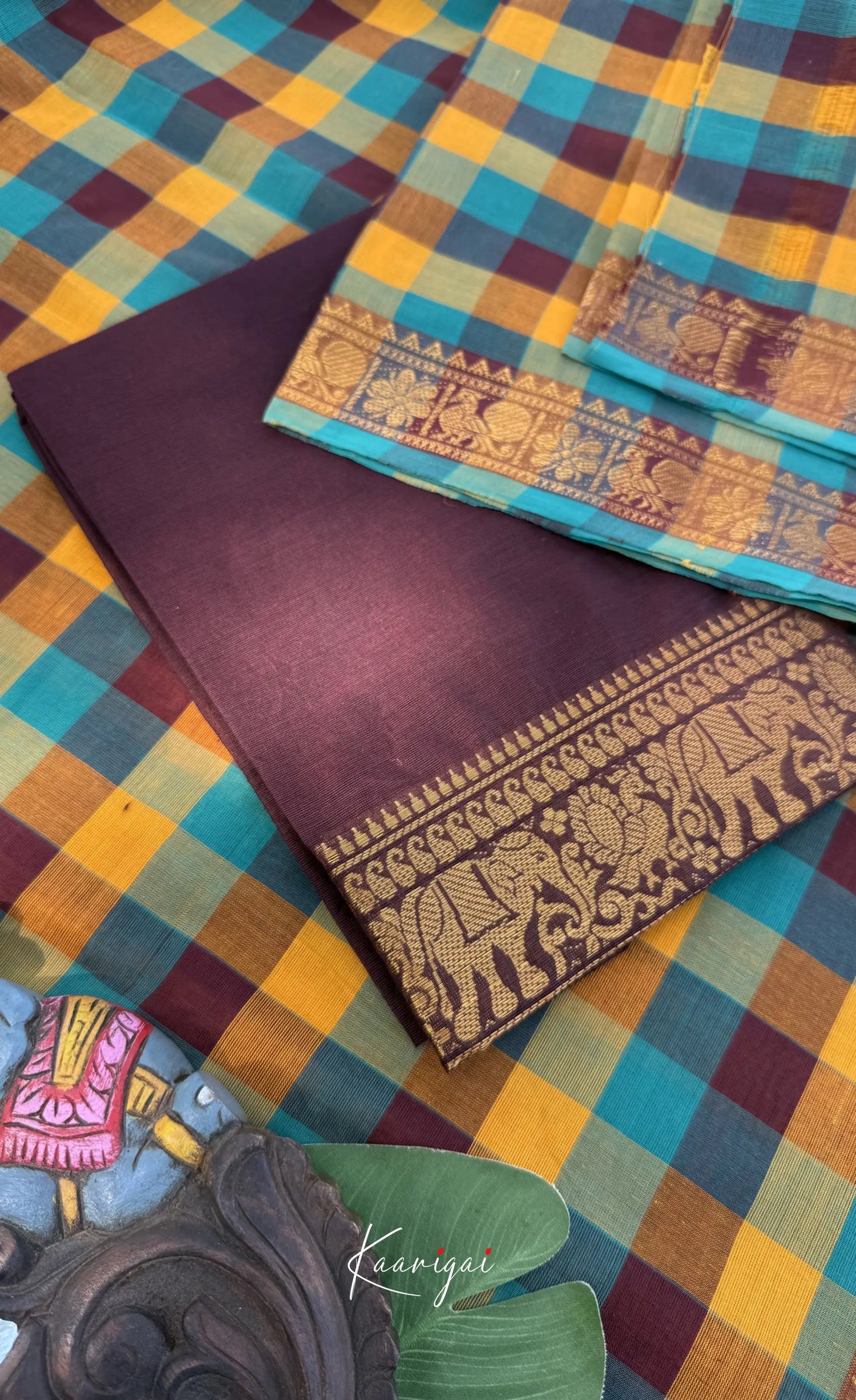 Nalinam - Yellow and Brown Kandangi Checks Saree - Sarees