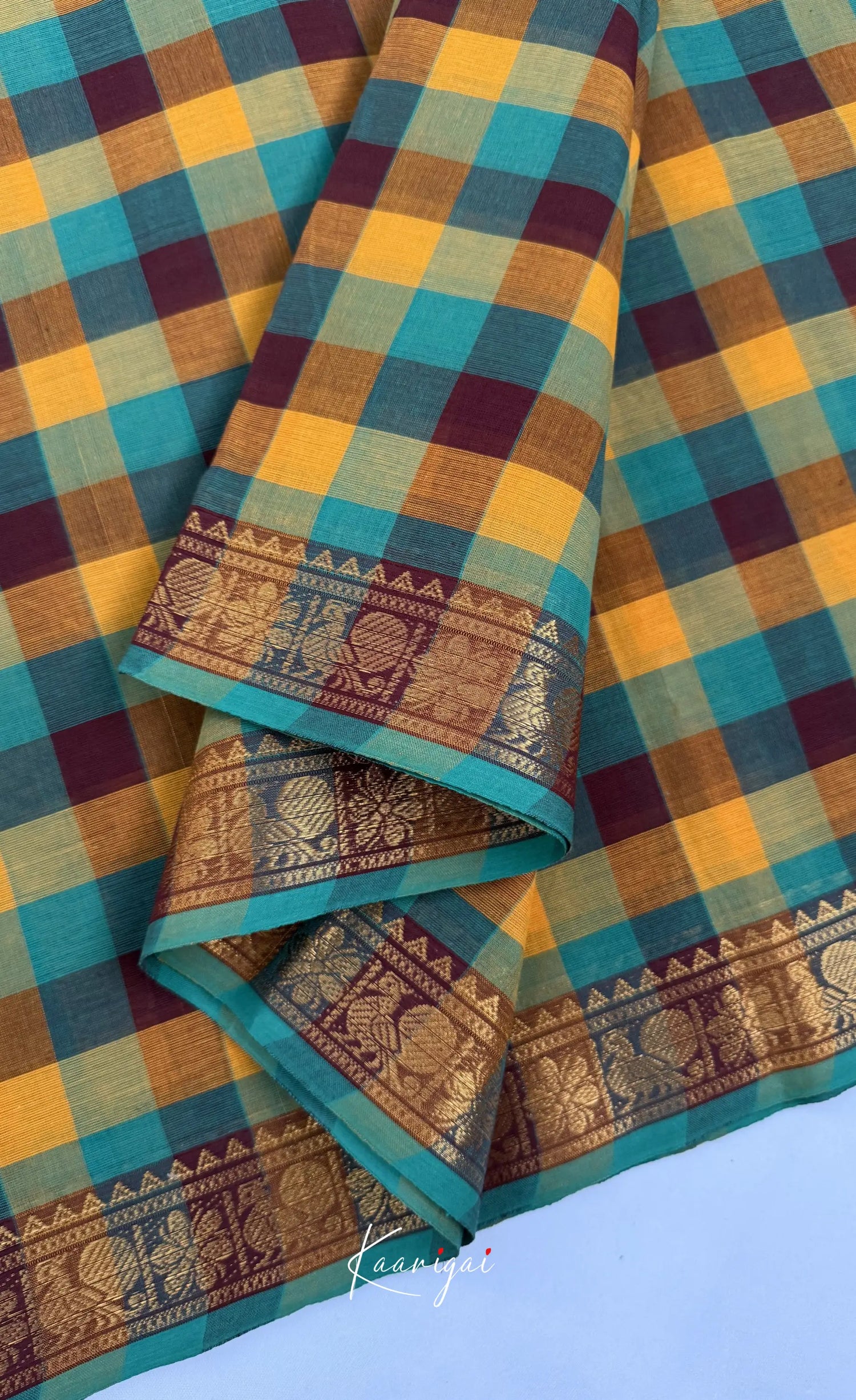 Nalinam - Yellow and Brown Kandangi Checks Saree - Sarees