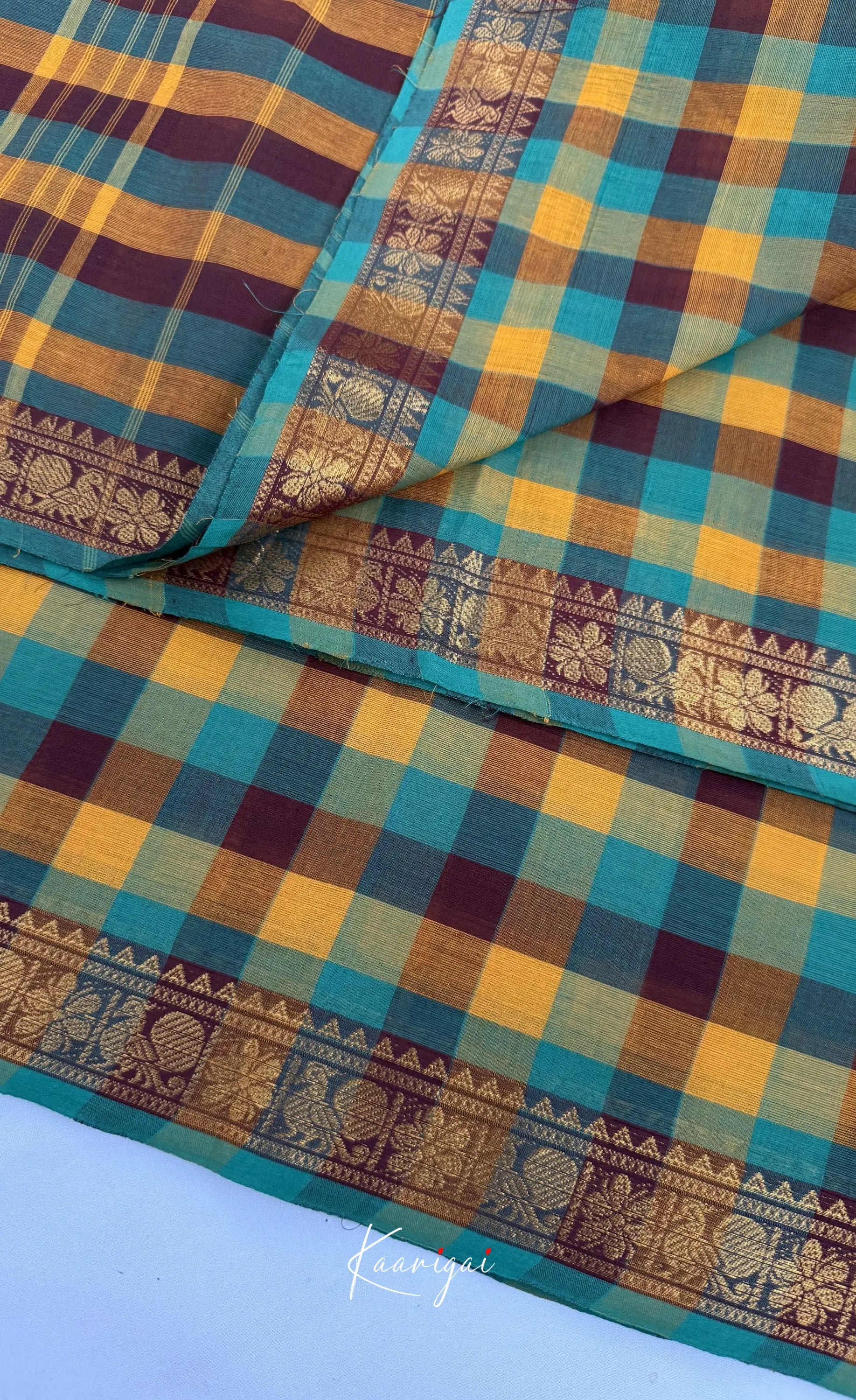 Nalinam - Yellow and Brown Kandangi Checks Saree - Sarees