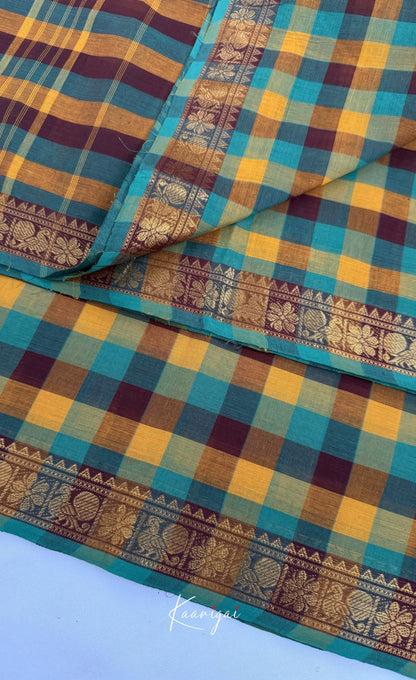 Nalinam - Yellow and Brown Kandangi Checks Saree - Sarees
