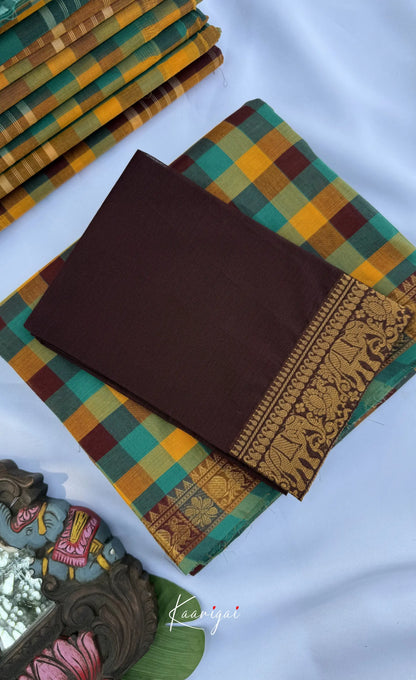 Nalinam - Yellow and Brown Kandangi Checks Saree - Sarees