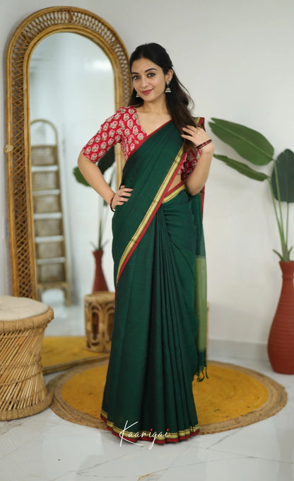 Nira Narayanpet Cotton Saree - Dark Green - Sarees