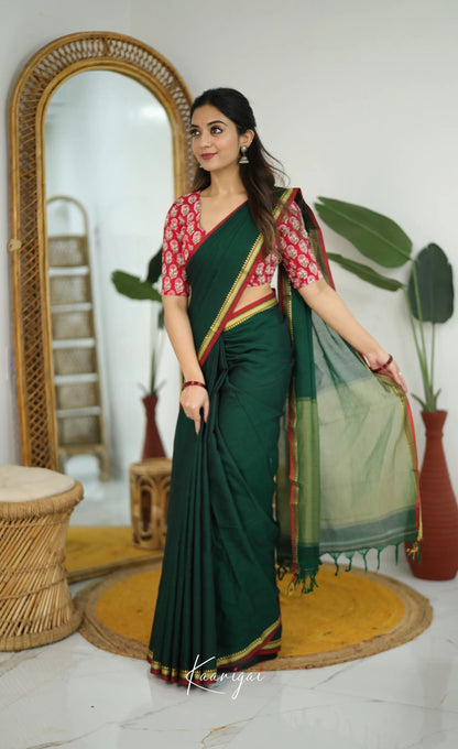 Nira Narayanpet Cotton Saree - Dark Green - Sarees