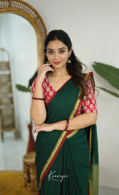 Nira Narayanpet Cotton Saree - Dark Green - Sarees