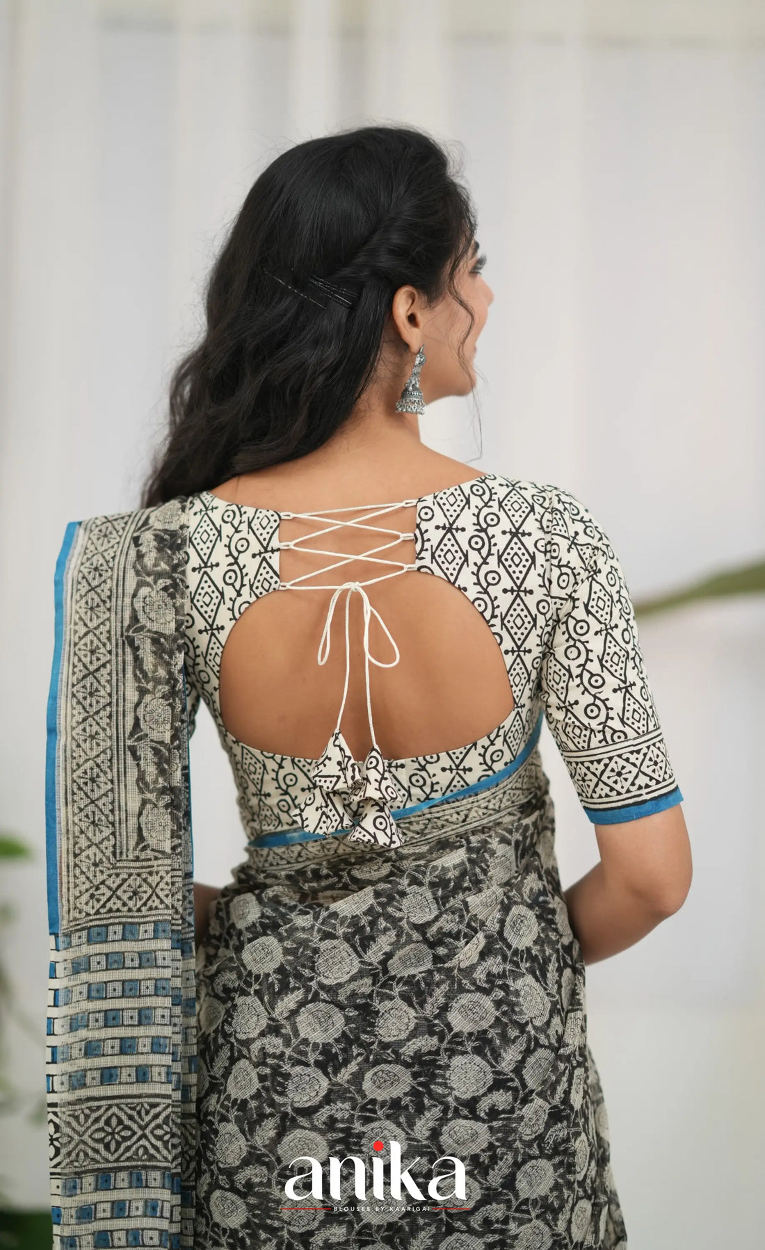 Off white and Blue- Hand Block Printed Cotton Blouse