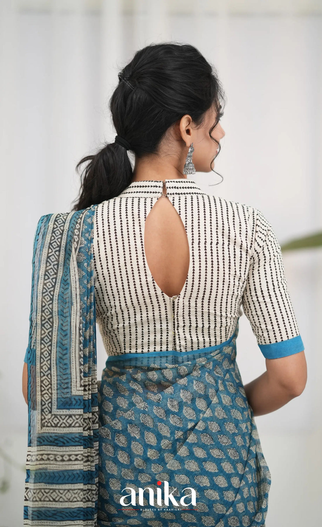 Off white and Blue- Hand Block Printed Cotton Blouse