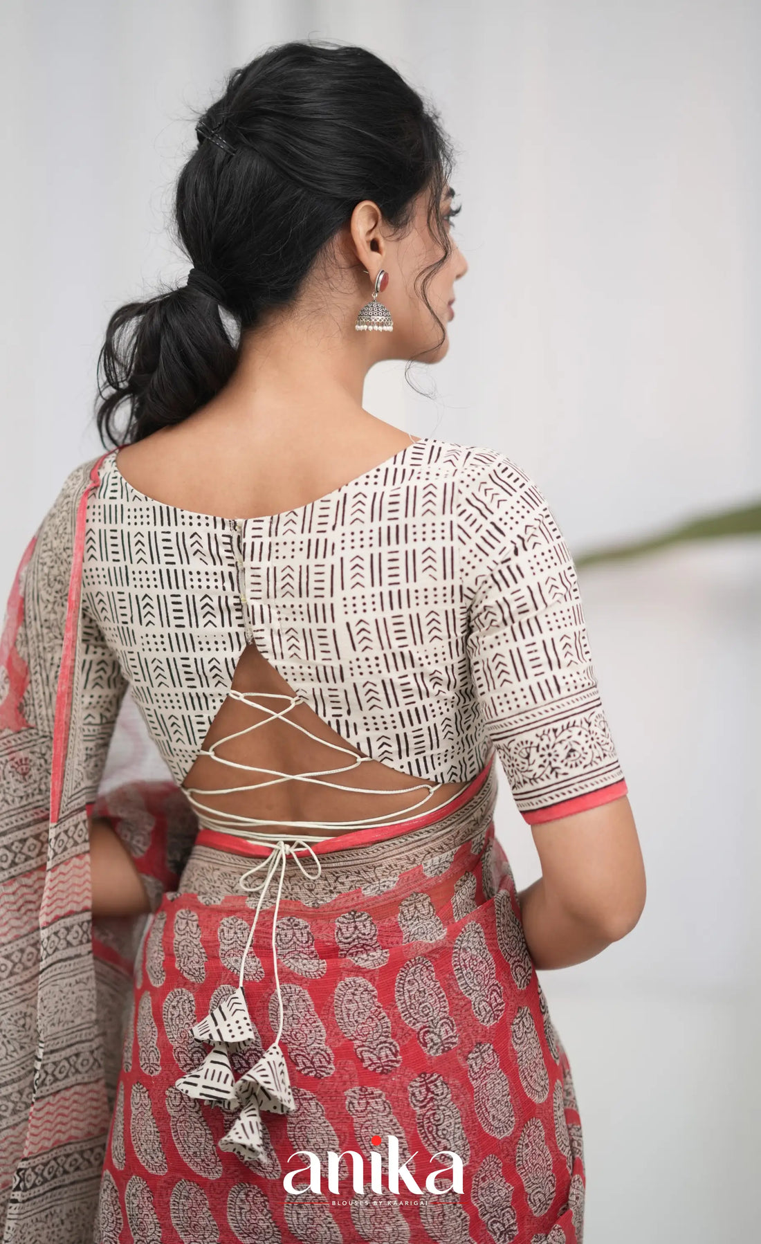 Off white and Red- Hand Block Printed Cotton Blouse
