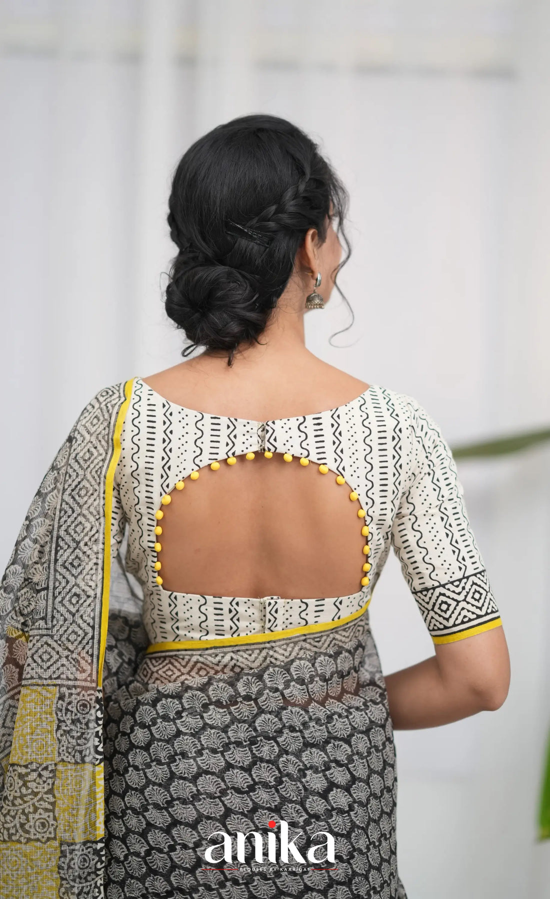 Off white and Yellow- Hand Block Printed Cotton Blouse