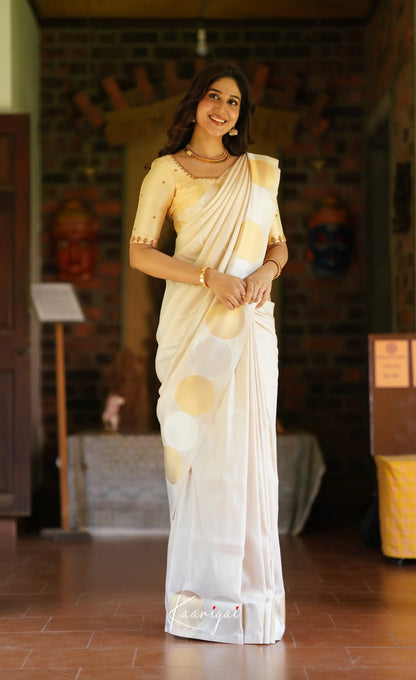 Omana Blended Silk Saree - White And Gold Sarees