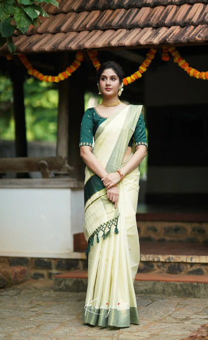 Omana Cotton Saree - Cream White And Bottle Green Sarees