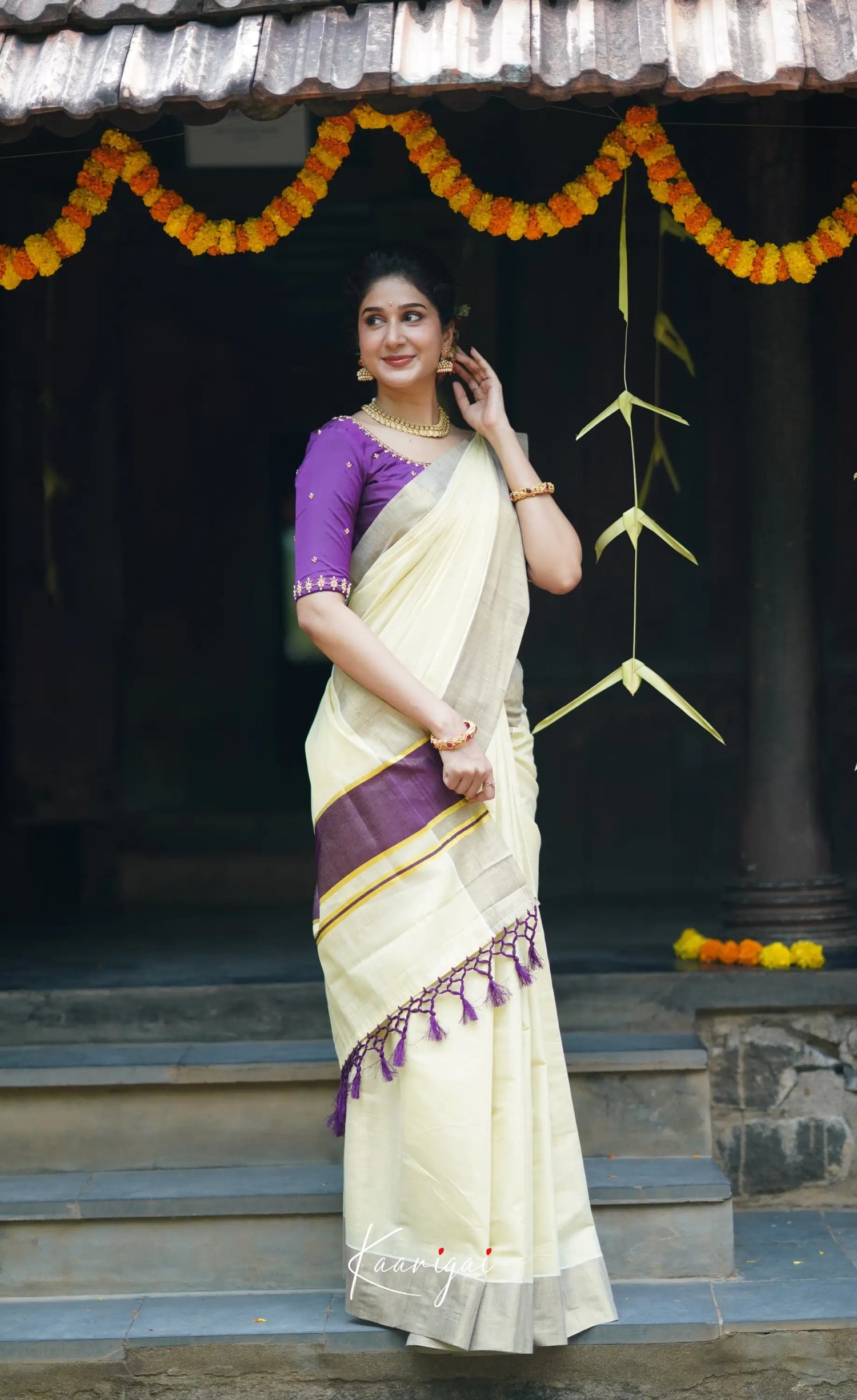 Omana Cotton Saree - Cream White And Purple Sarees