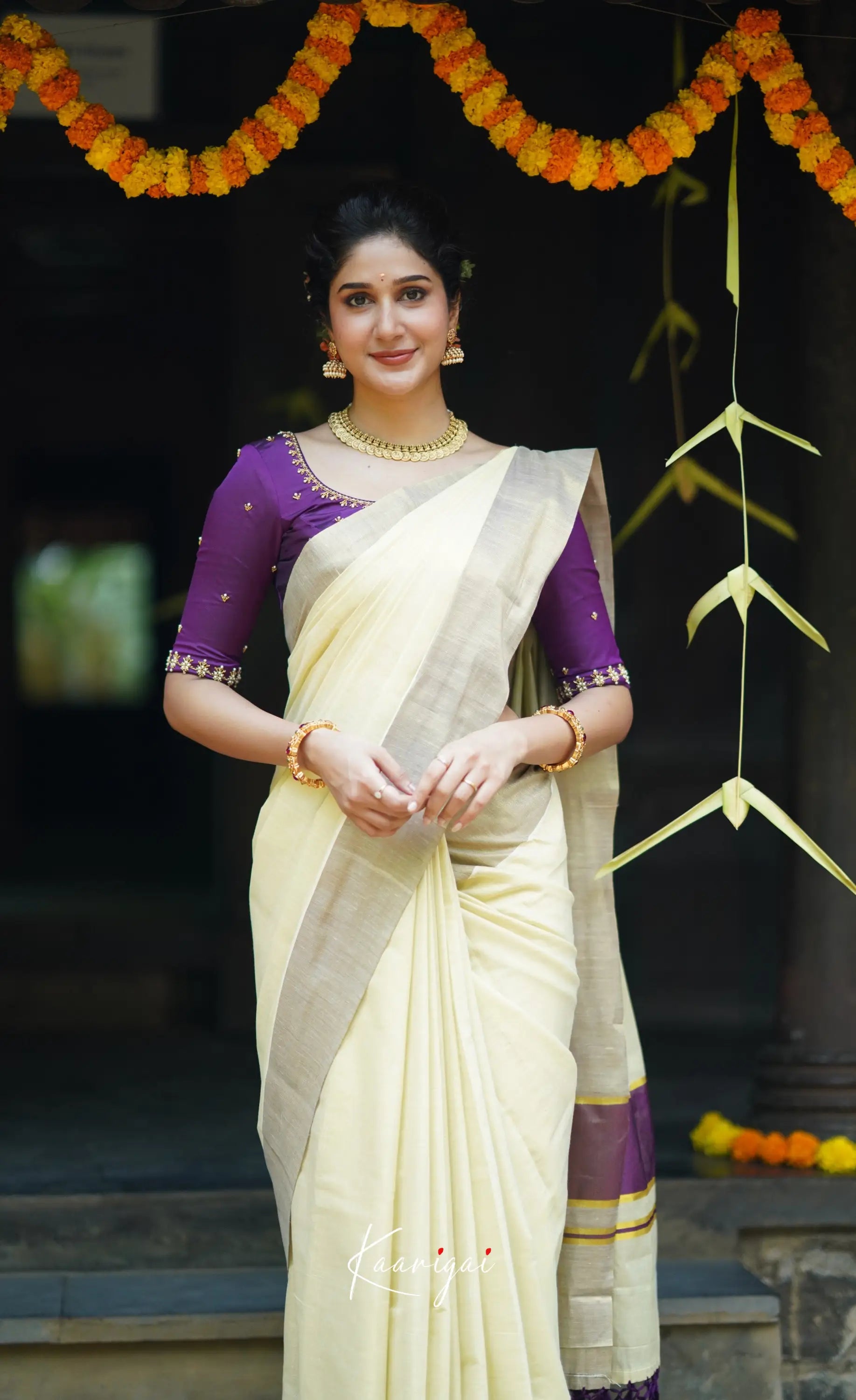 Omana Cotton Saree cream White and Purple