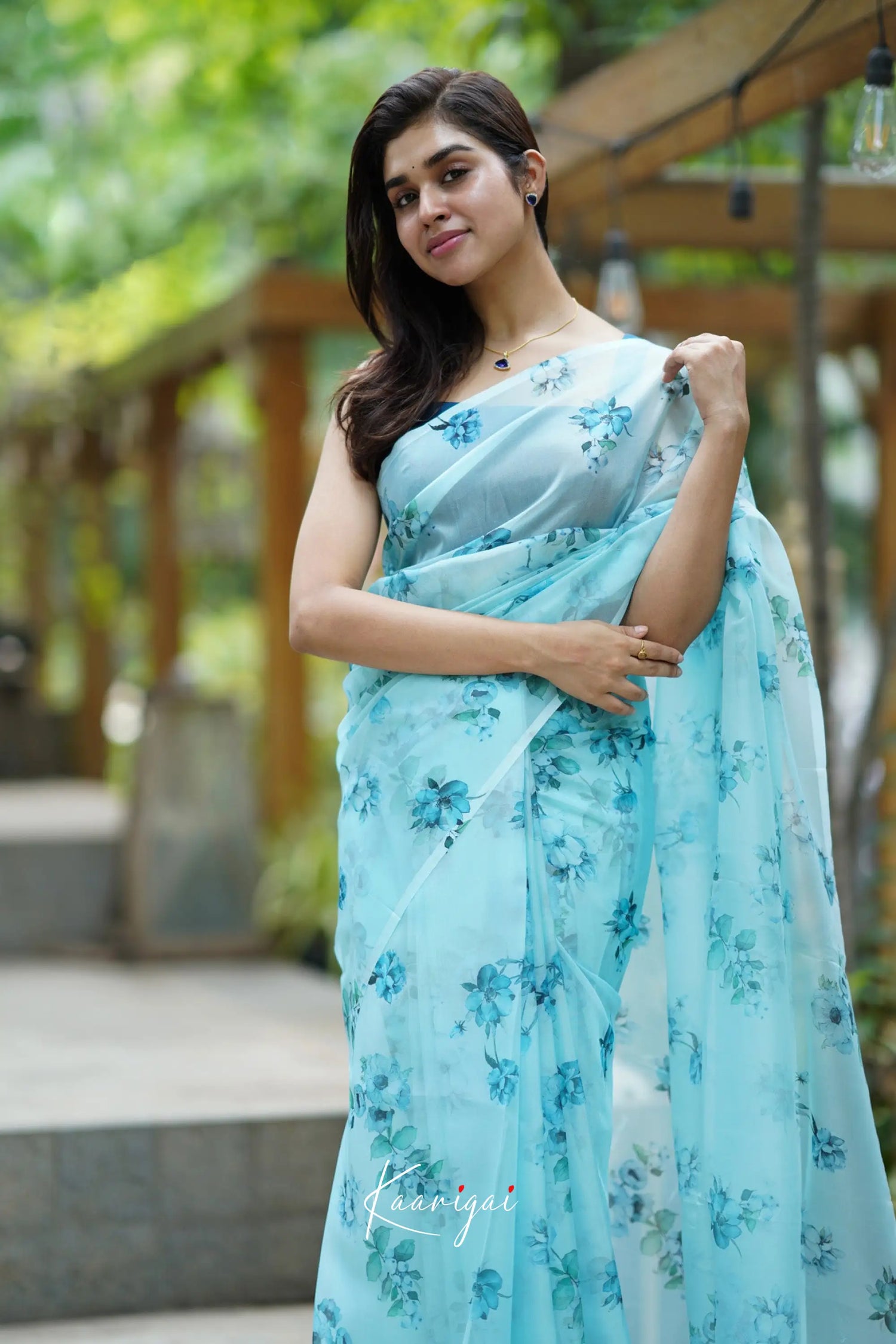 Pastel Blue Floral Oraganza Saree Sarees