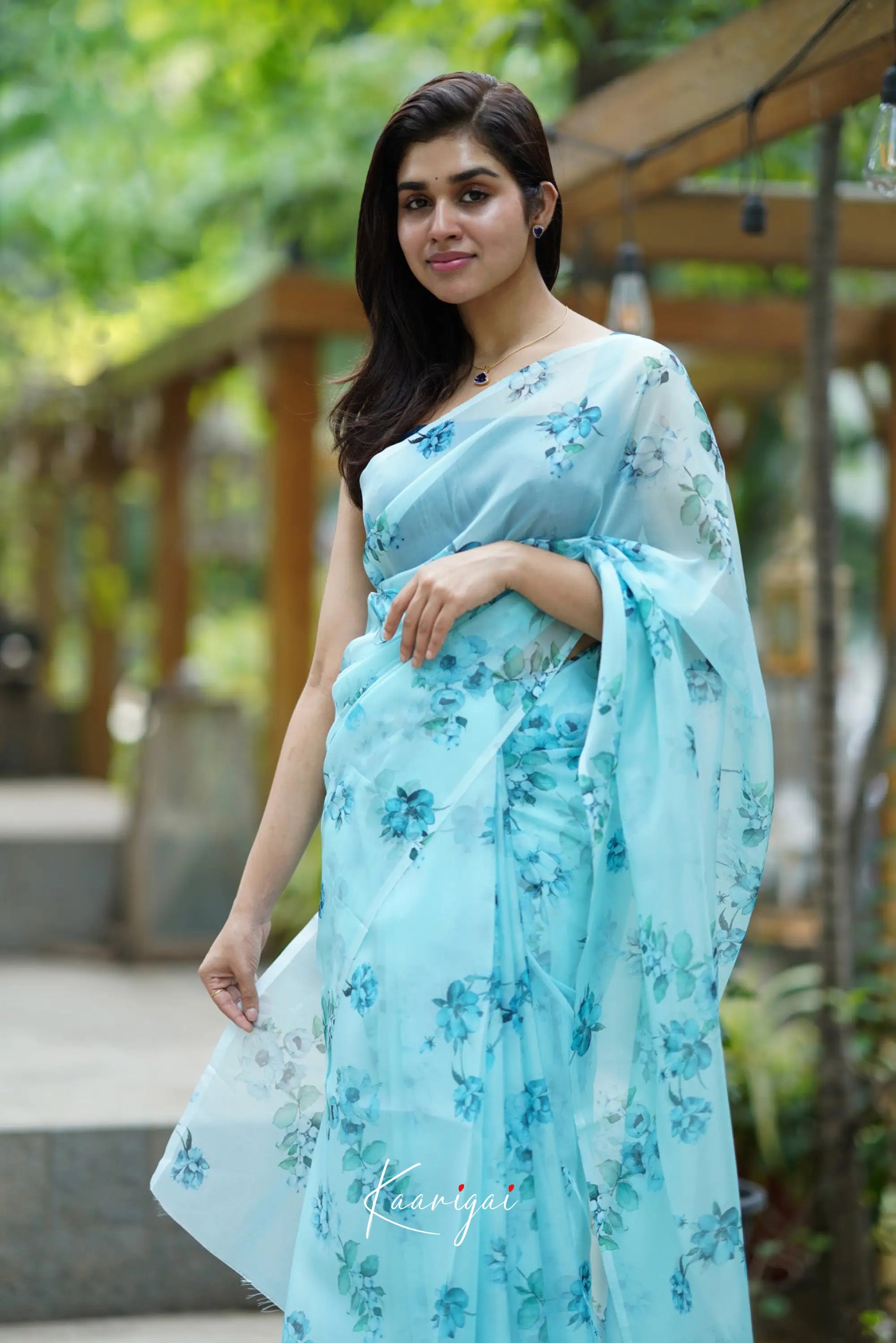 Pastel Blue Floral Oraganza Saree Sarees