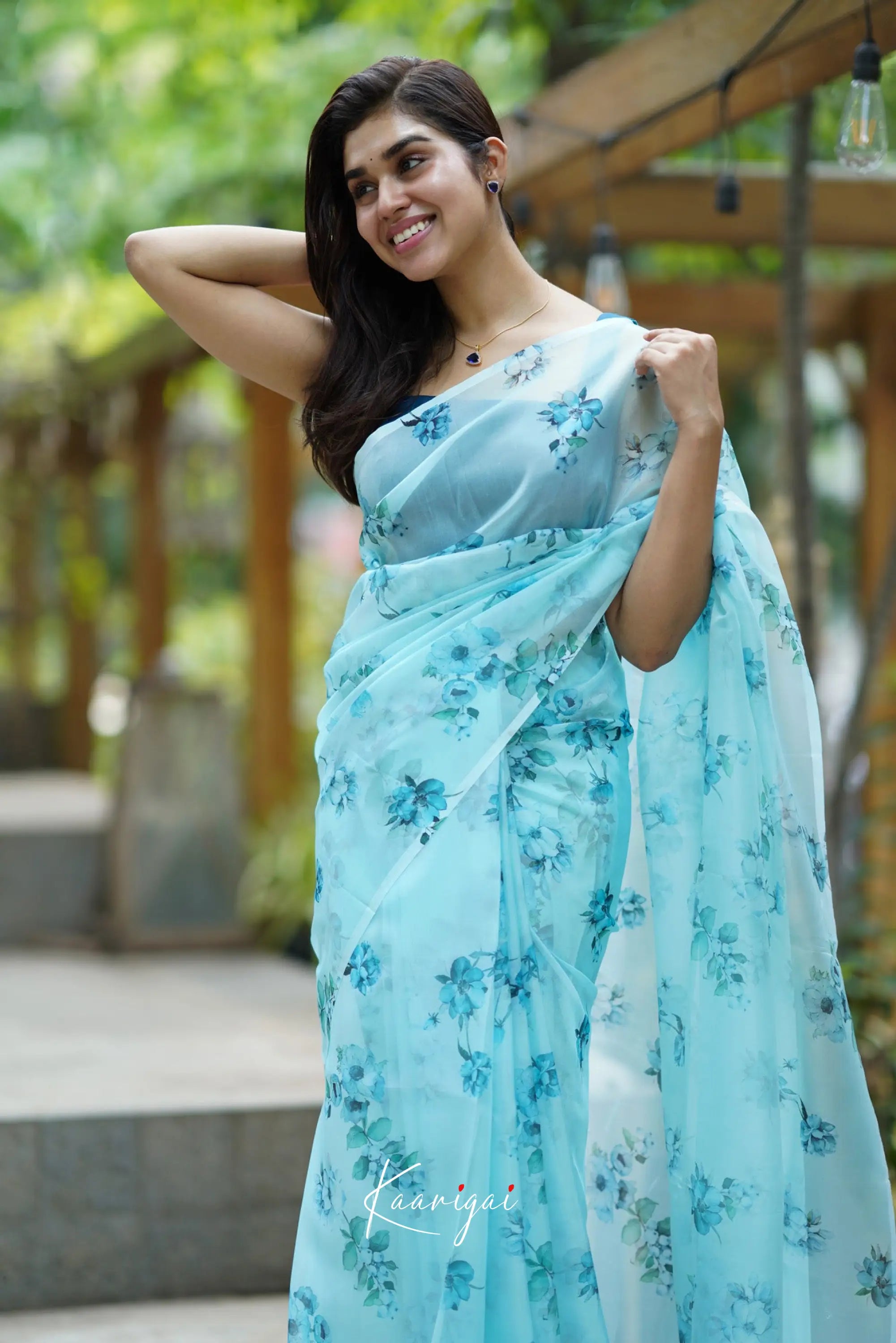 Pastel Blue Floral Oraganza Saree Sarees