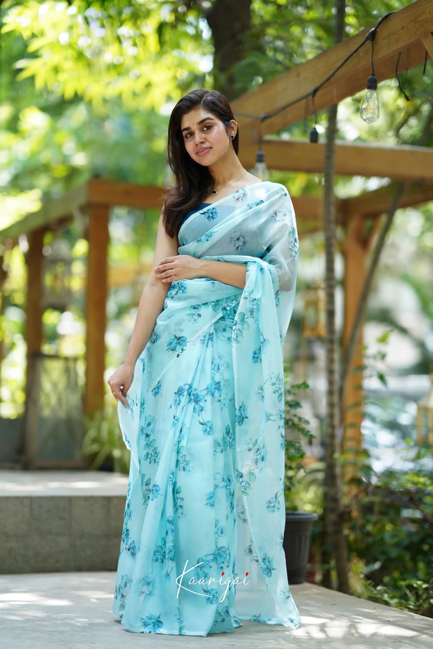 Pastel Blue Floral Oraganza Saree Sarees