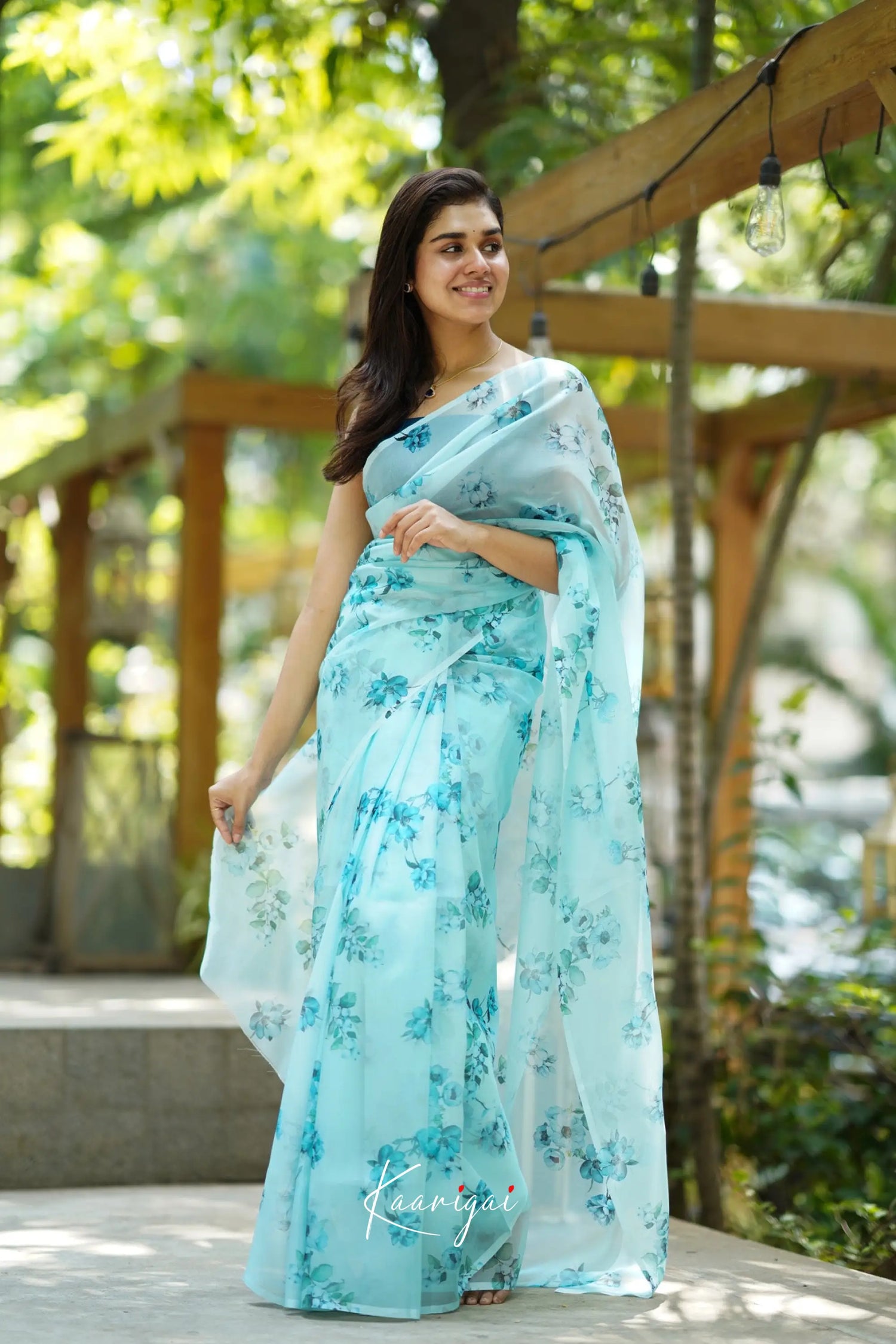 Pastel Blue Floral Oraganza Saree Sarees