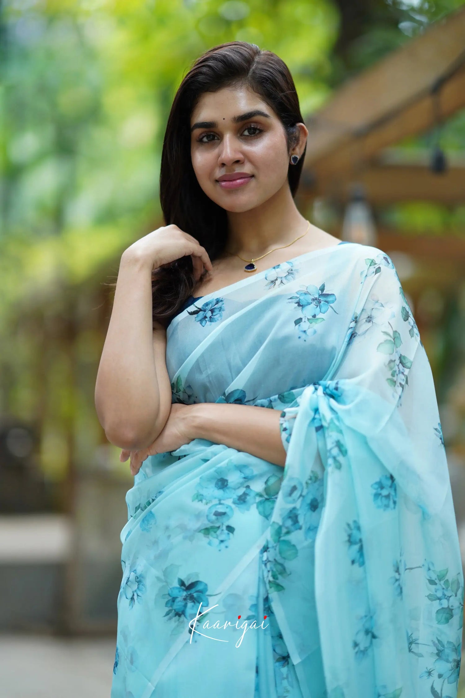 Pastel Blue Floral Oraganza Saree Sarees