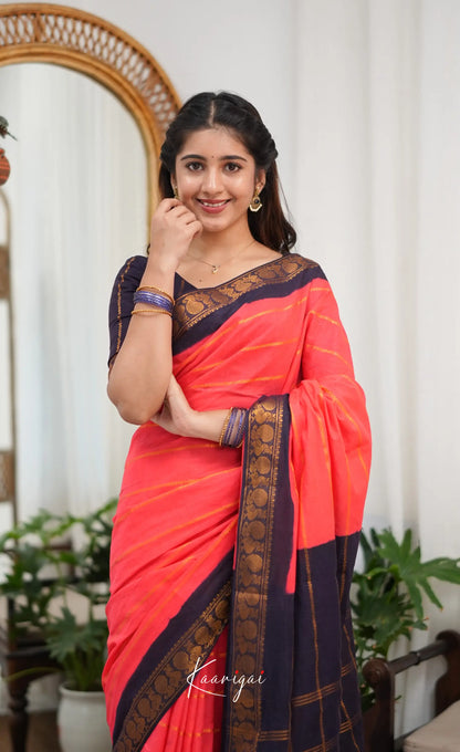 Saaral - Coral Orangish Pink and Dark Navy Blue Sungudi Saree - Sarees