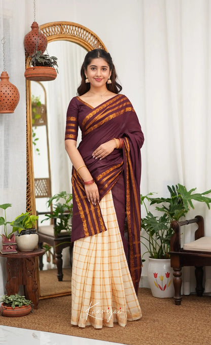 Saaral - Creamish white with Maroon Half &amp; Half Sungudi Saree - Sarees