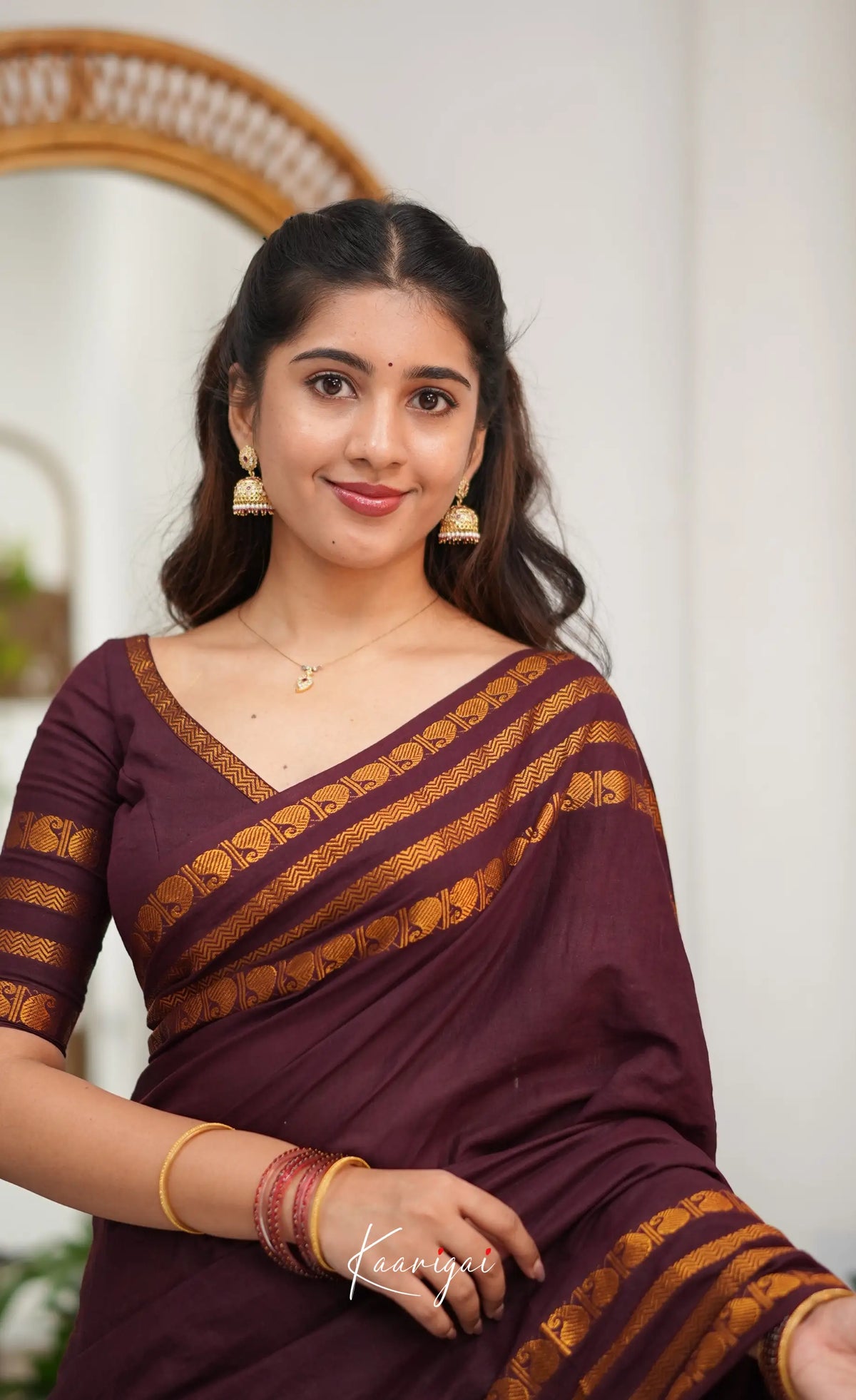 Saaral - Creamish white with Maroon Half &amp; Half Sungudi Saree - Sarees