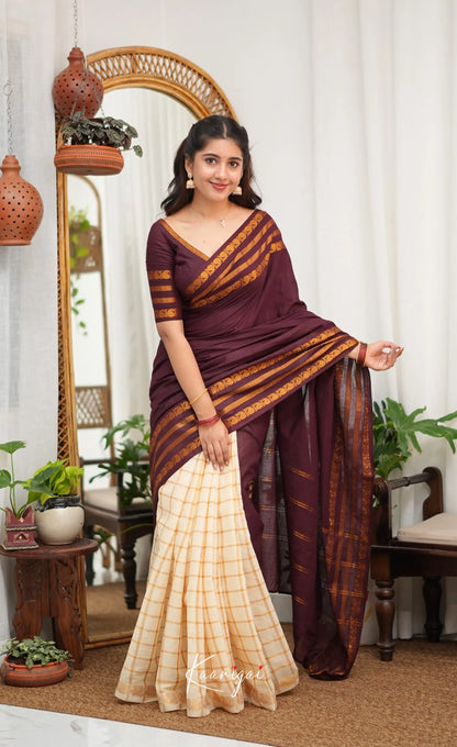 Saaral - Creamish white with Maroon Half &amp; Half Sungudi Saree - Sarees